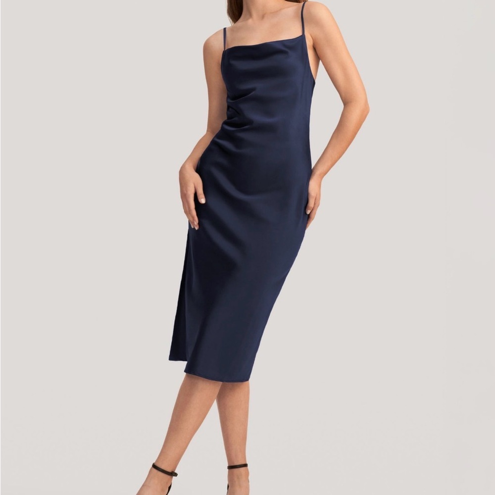 Silk Dress Elegant Alluring Cowl Neck Navy Blue Lilysilk